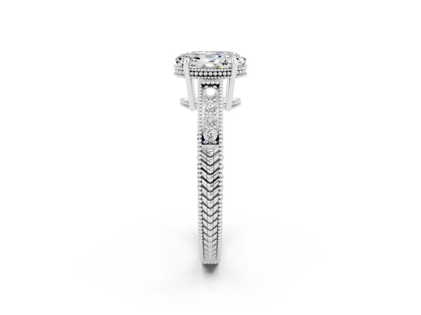 Platinum Oval Cut Moissanite Ring with Milgrain Pavé Band and Four-Prong Setting