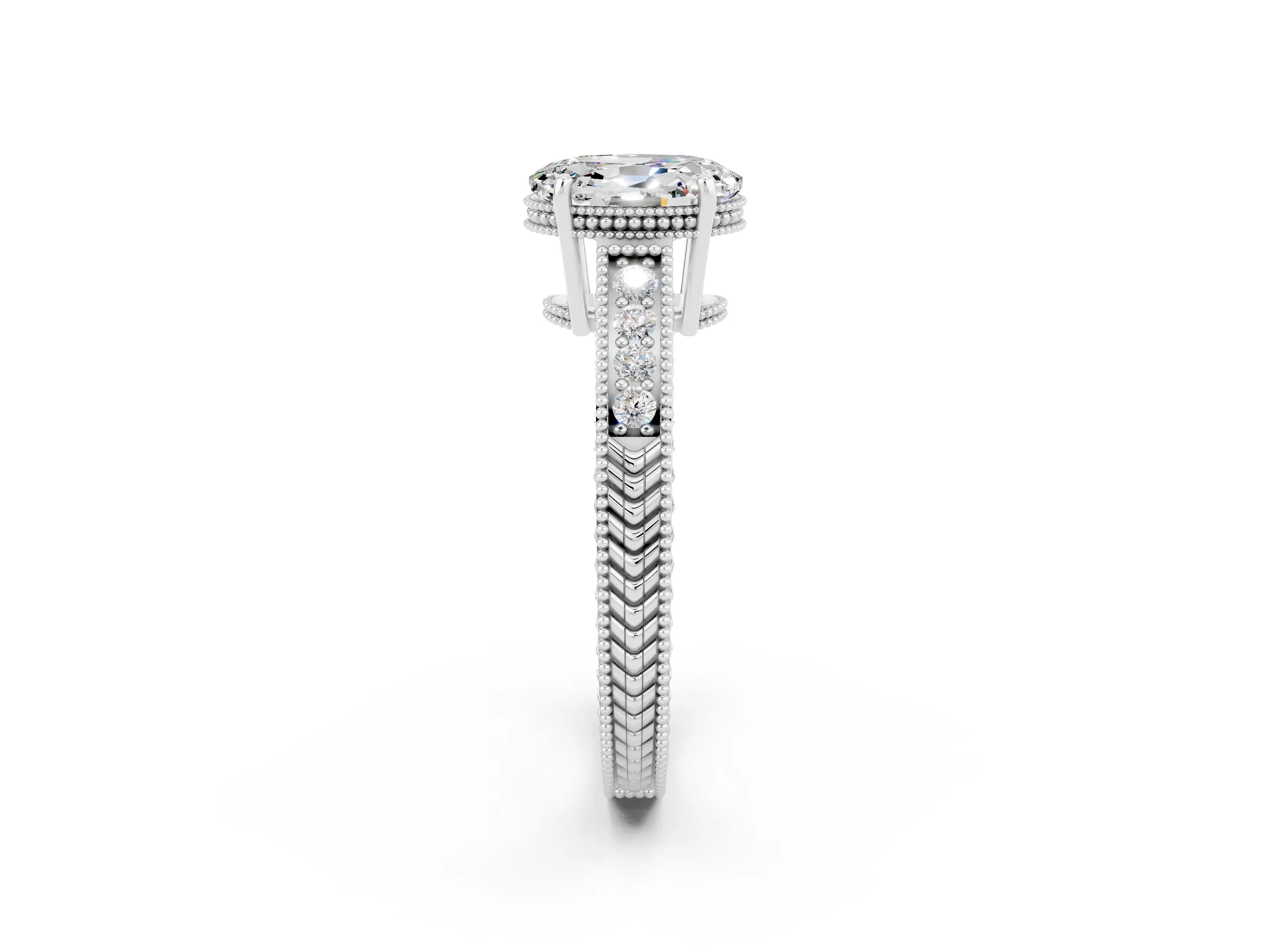 White gold Oval Cut Moissanite Ring with Milgrain Pavé Band and Four-Prong Setting_14