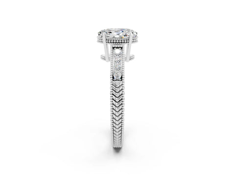 White gold Oval Cut Moissanite Ring with Milgrain Pavé Band and Four-Prong Setting_14