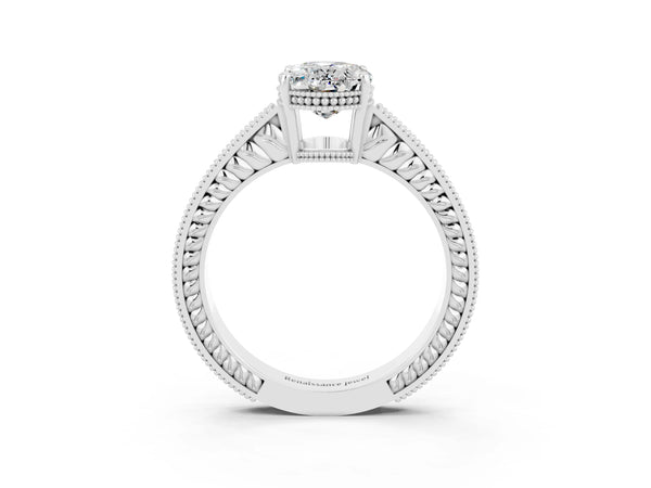 Platinum Oval Cut Moissanite Ring with Milgrain Pavé Band and Four-Prong Setting