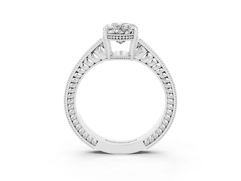 White gold Oval Cut Moissanite Ring with Milgrain Pavé Band and Four-Prong Setting_15