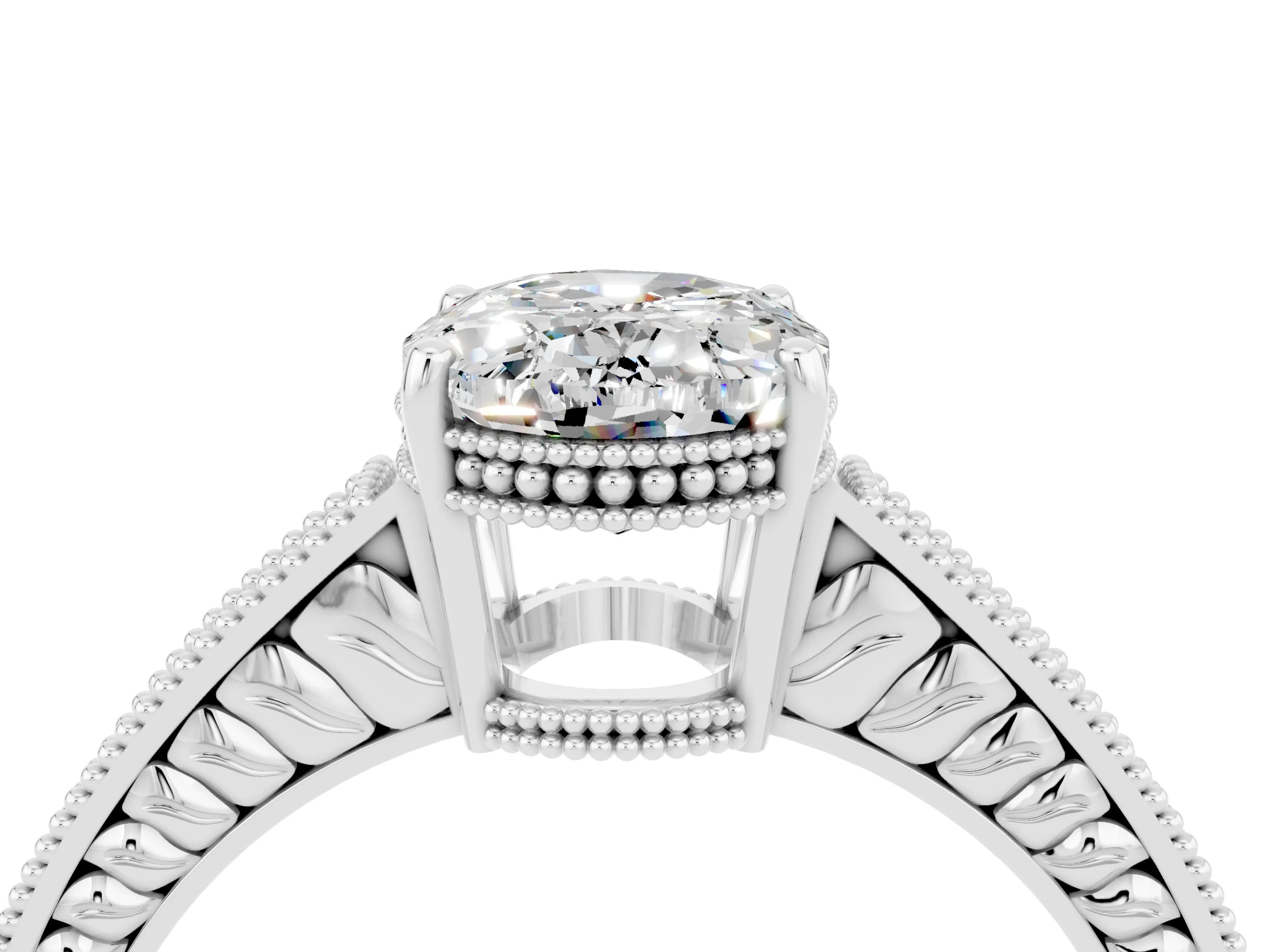 White gold Oval Cut Moissanite Ring with Milgrain Pavé Band and Four-Prong Setting_16
