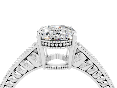 White gold Oval Cut Moissanite Ring with Milgrain Pavé Band and Four-Prong Setting_16