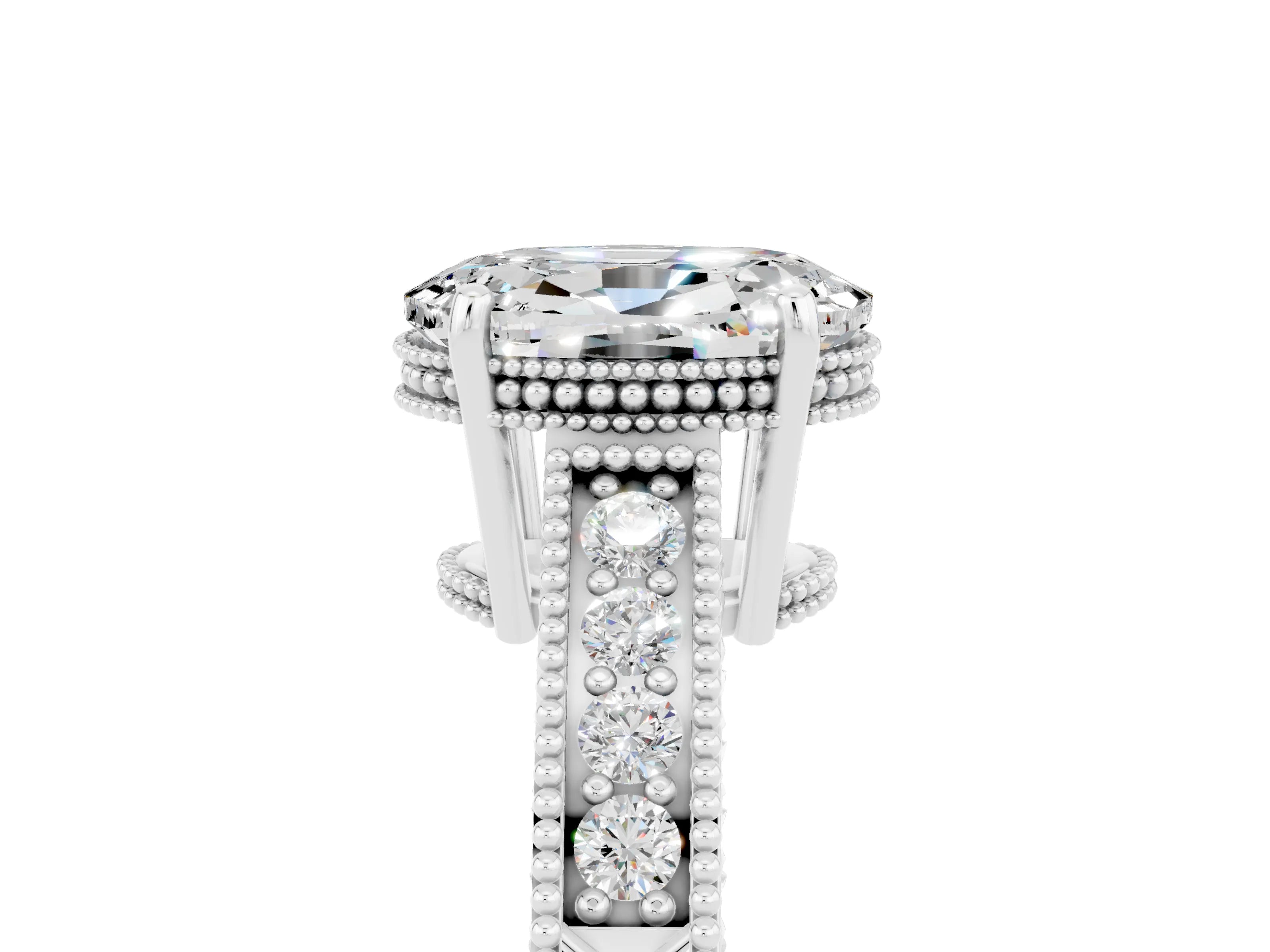 White gold Oval Cut Moissanite Ring with Milgrain Pavé Band and Four-Prong Setting_17