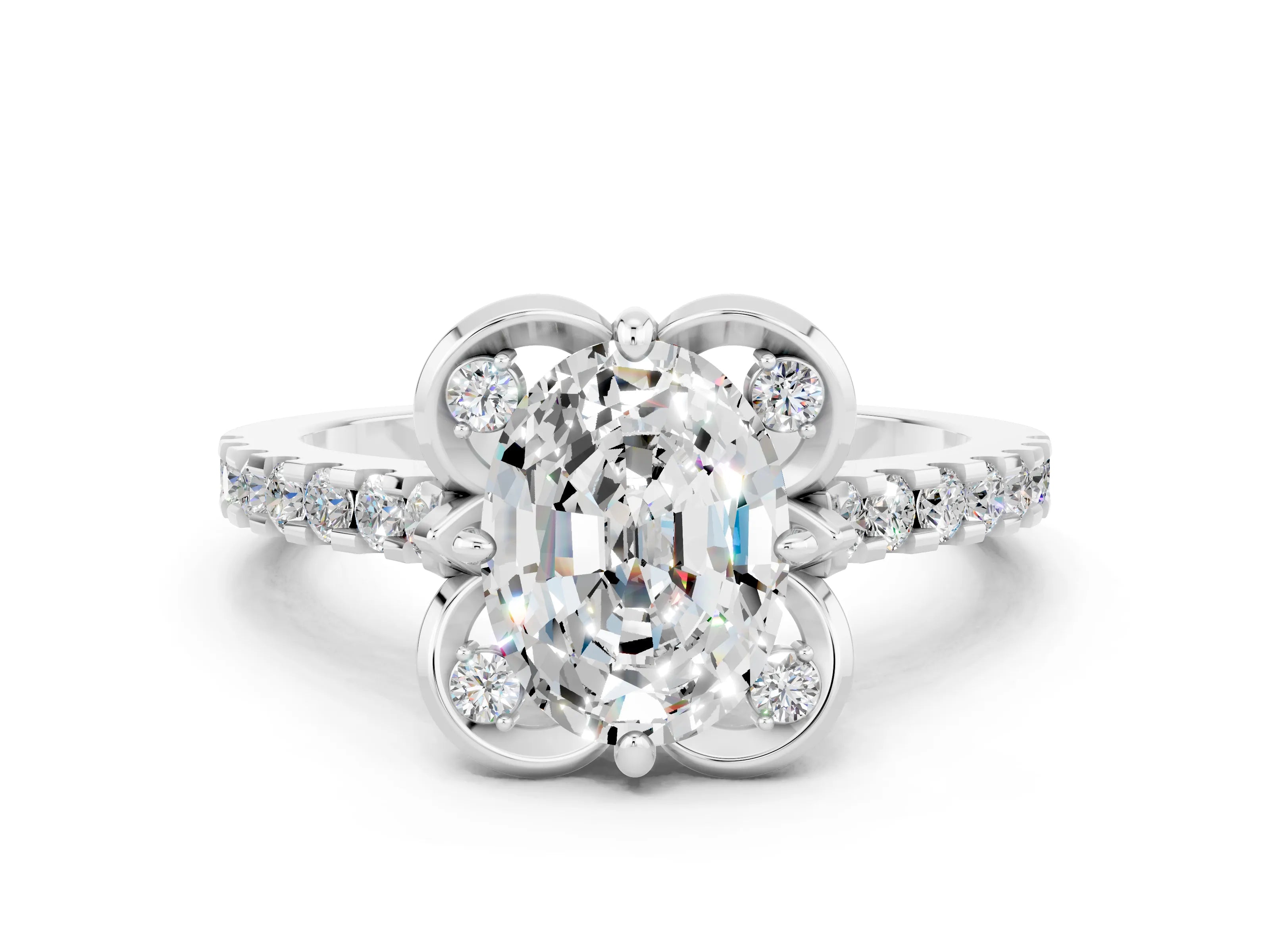 White gold Oval Cut Moissanite Ring with Pavé Band and Floral Prong Setting