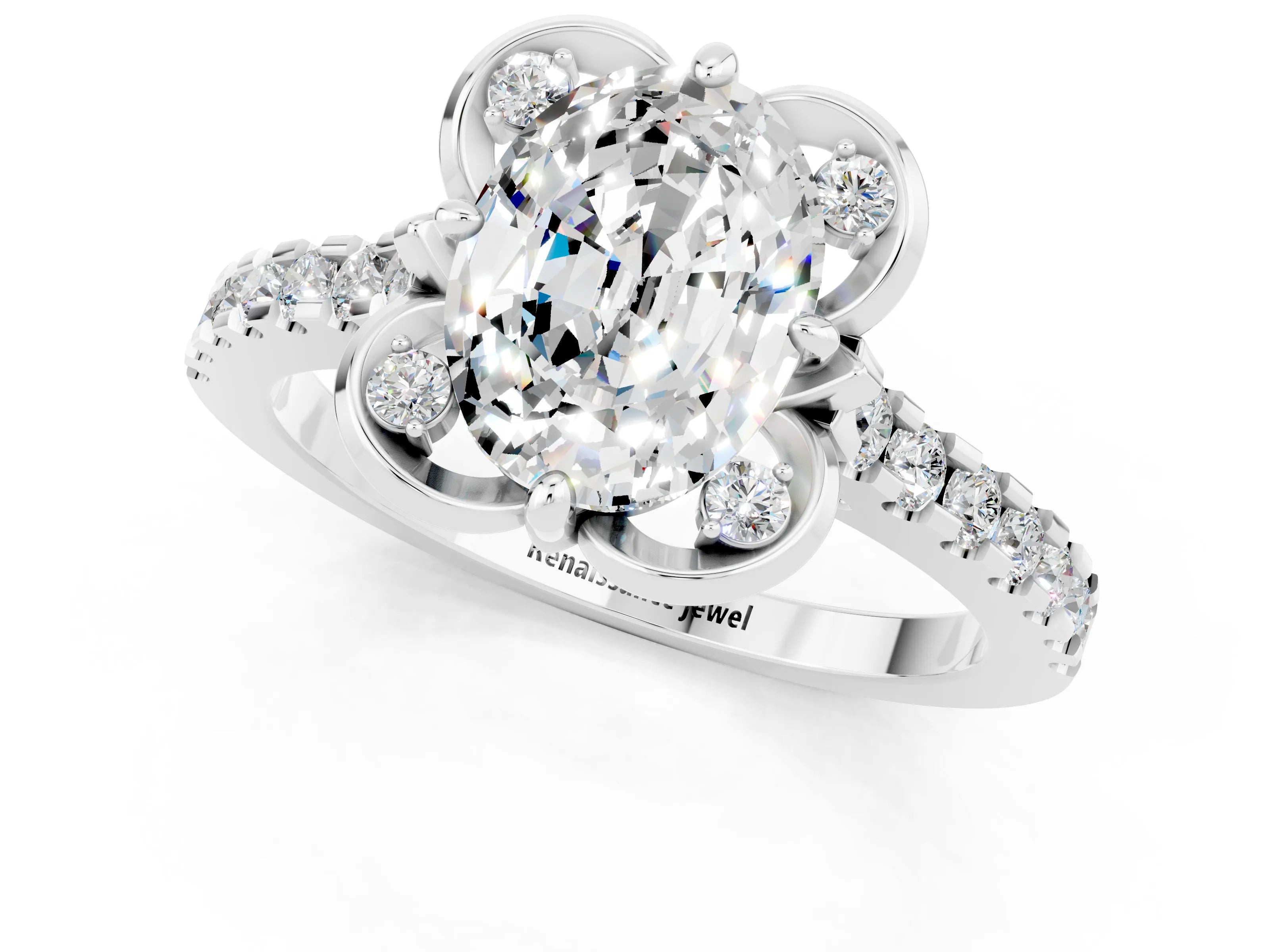 White gold Oval Cut Moissanite Ring with Pavé Band and Floral Prong Setting_1