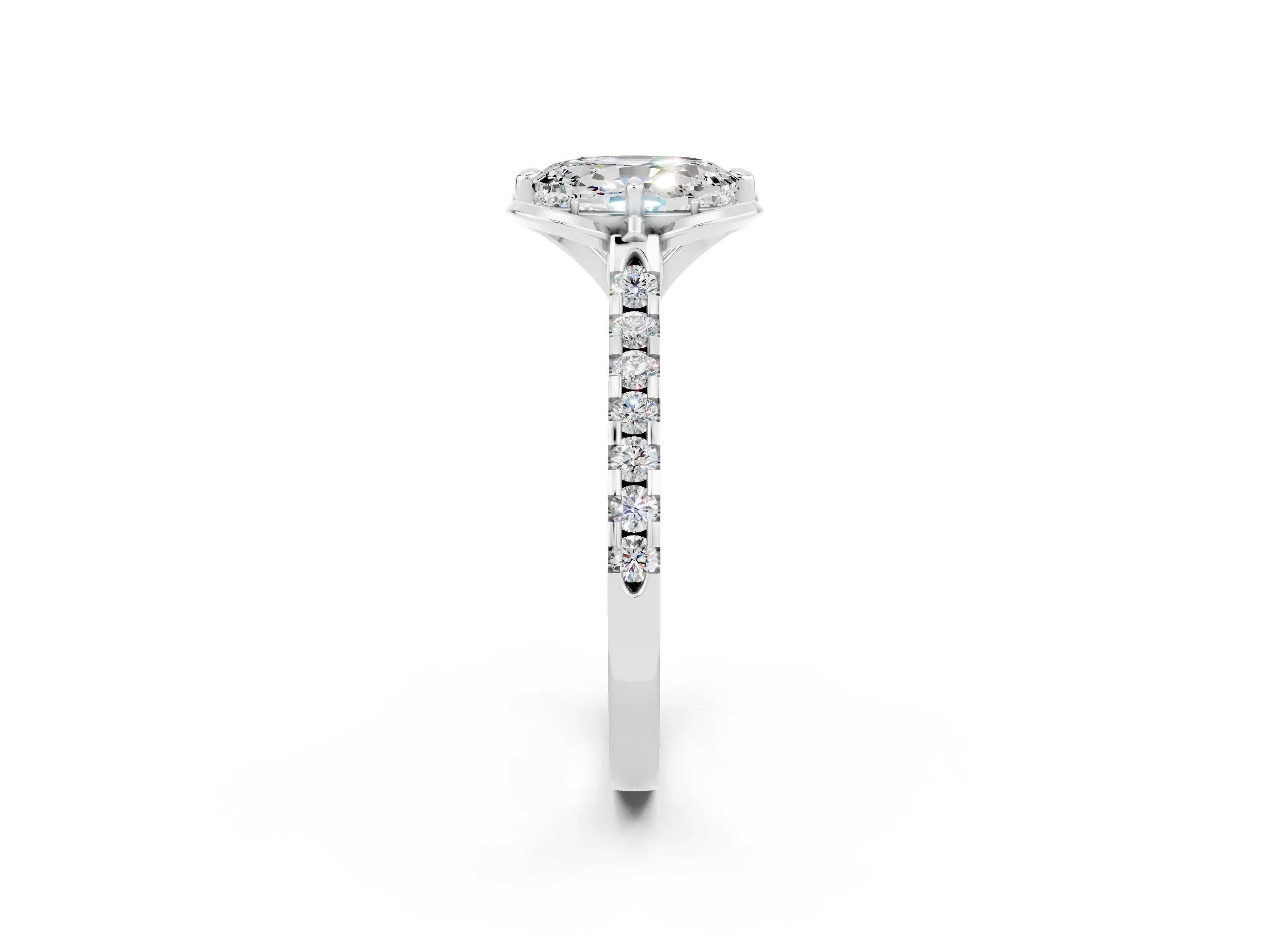 White gold Oval Cut Moissanite Ring with Pavé Band and Floral Prong Setting_2