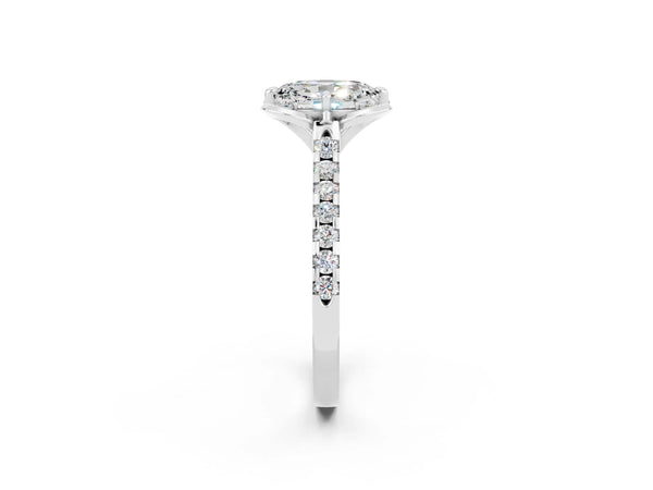 White gold Oval Cut Moissanite Ring with Pavé Band and Floral Prong Setting