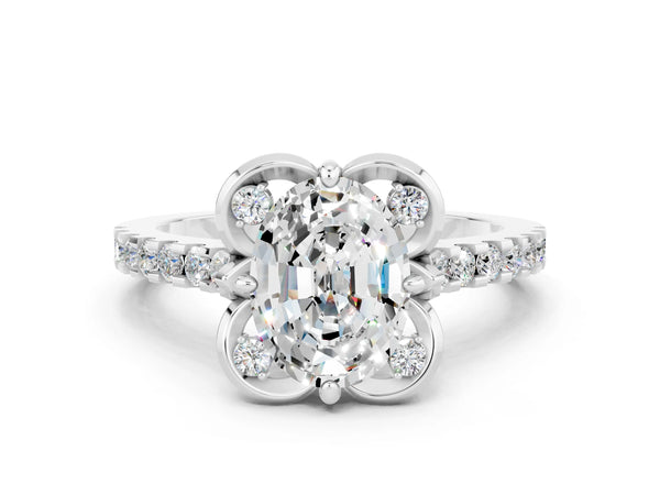 White gold Oval Cut Moissanite Ring with Pavé Band and Floral Prong Setting