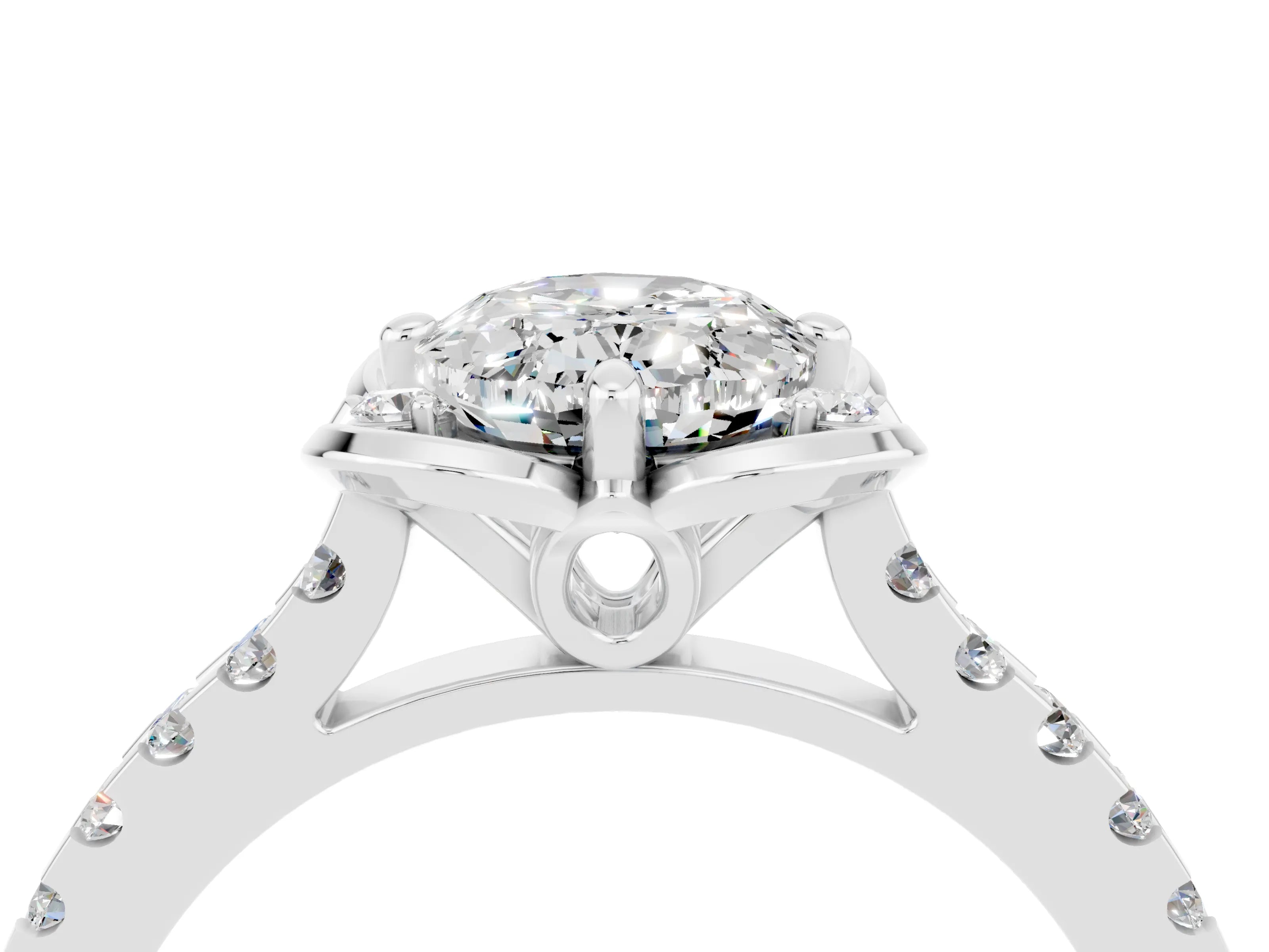 White gold Oval Cut Moissanite Ring with Pavé Band and Floral Prong Setting_4