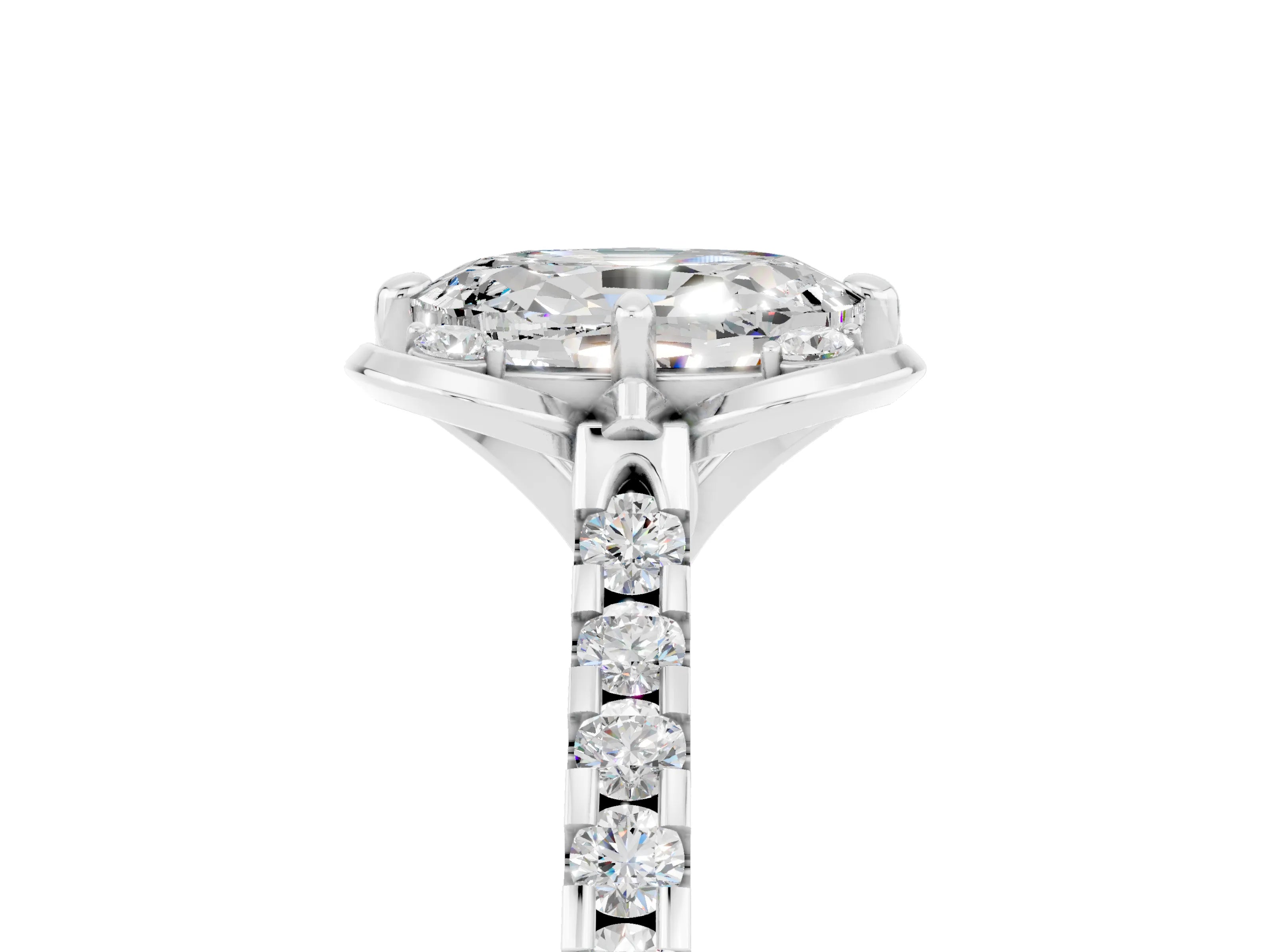 White gold Oval Cut Moissanite Ring with Pavé Band and Floral Prong Setting_5