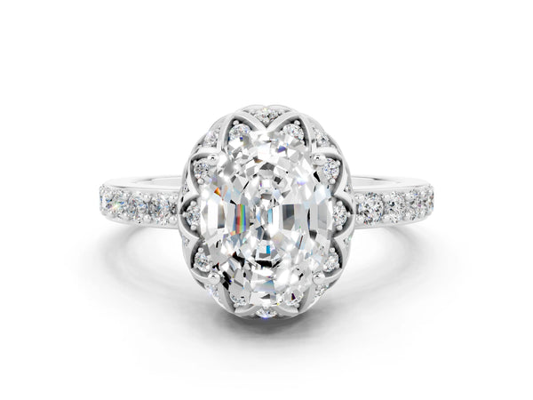 Platinum Oval Cut Moissanite Scalloped Halo Engagement Ring with Round Shared Prong Band