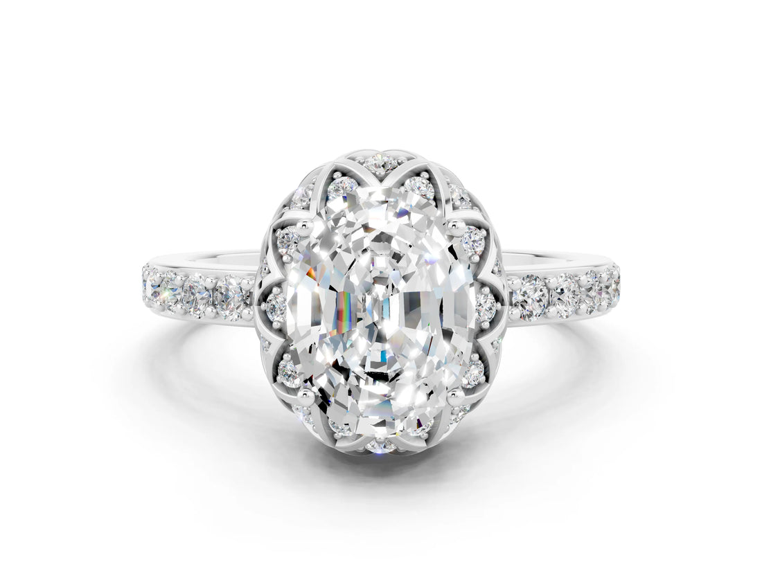 White gold Oval Cut Moissanite Scalloped Halo Engagement Ring with Round Shared Prong Band_12