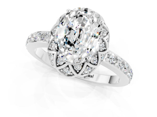 Silver Oval Cut Moissanite Scalloped Halo Engagement Ring with Round Shared Prong Band