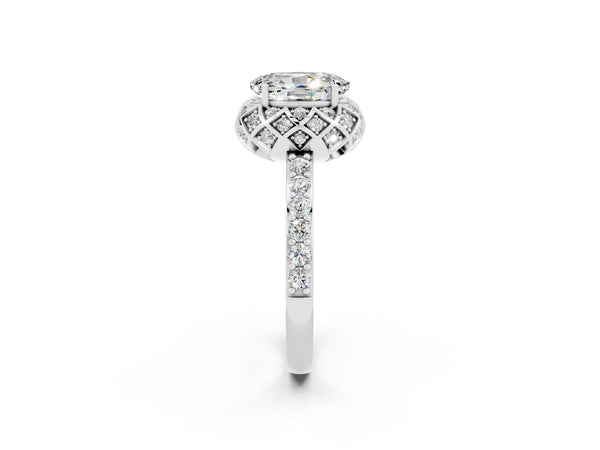White gold Oval Cut Moissanite Scalloped Halo Engagement Ring with Round Shared Prong Band