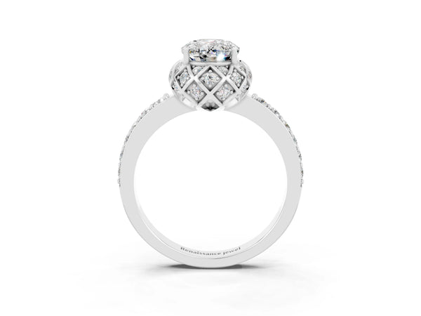 Platinum Oval Cut Moissanite Scalloped Halo Engagement Ring with Round Shared Prong Band