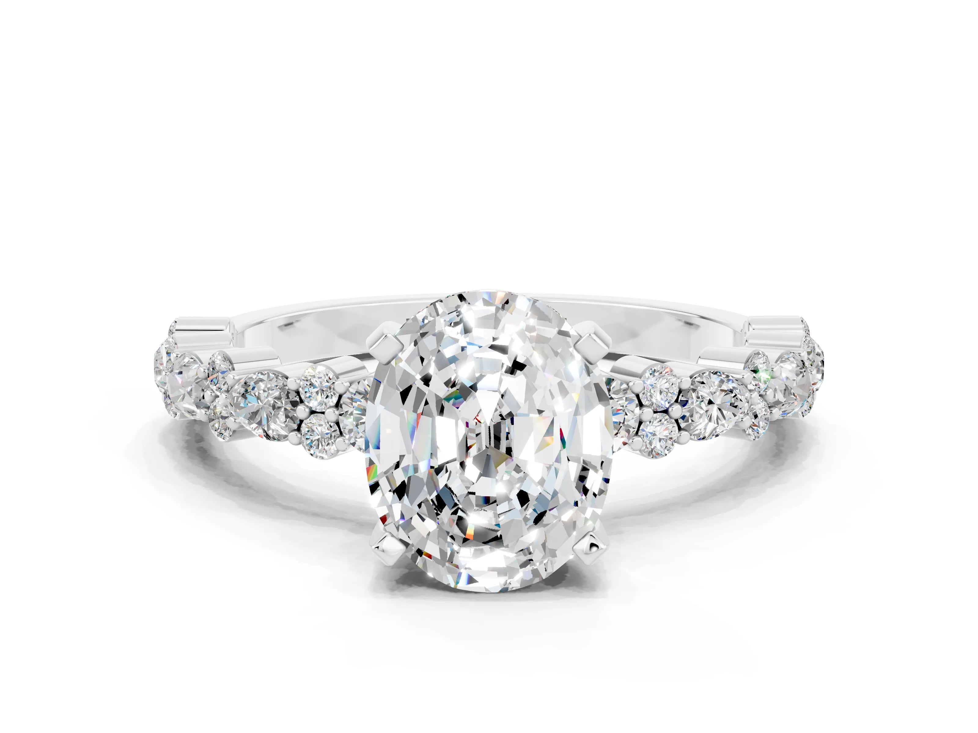 White gold Oval Cut Moissanite Side Stone Solitaire Ring with Round  and Four-Prong Setting_66