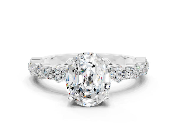 White gold Oval Cut Moissanite Side Stone Solitaire Ring with Round  and Four-Prong Setting