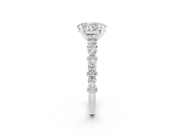 Silver Oval Cut Moissanite Side Stone Solitaire Ring with Round  and Four-Prong Setting