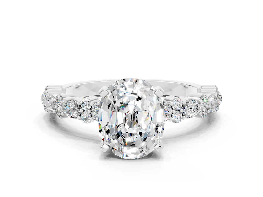 White gold Oval Cut Moissanite Side Stone Solitaire Ring with Round  and Four-Prong Setting_69