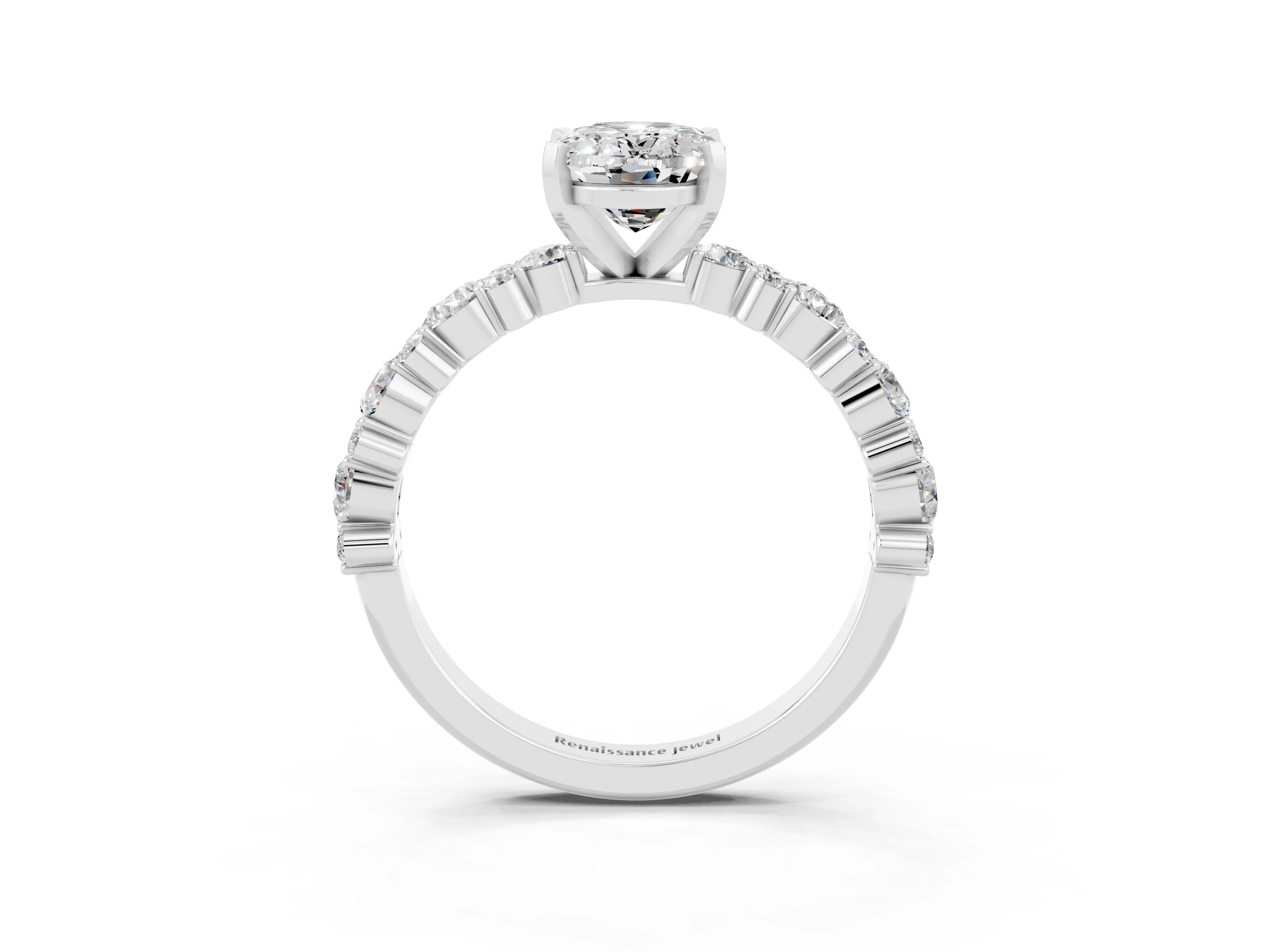 White gold Oval Cut Moissanite Side Stone Solitaire Ring with Round  and Four-Prong Setting_69