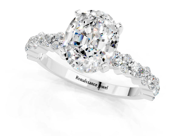 Platinum Oval Cut Moissanite Side Stone Solitaire Ring with Round  and Four-Prong Setting