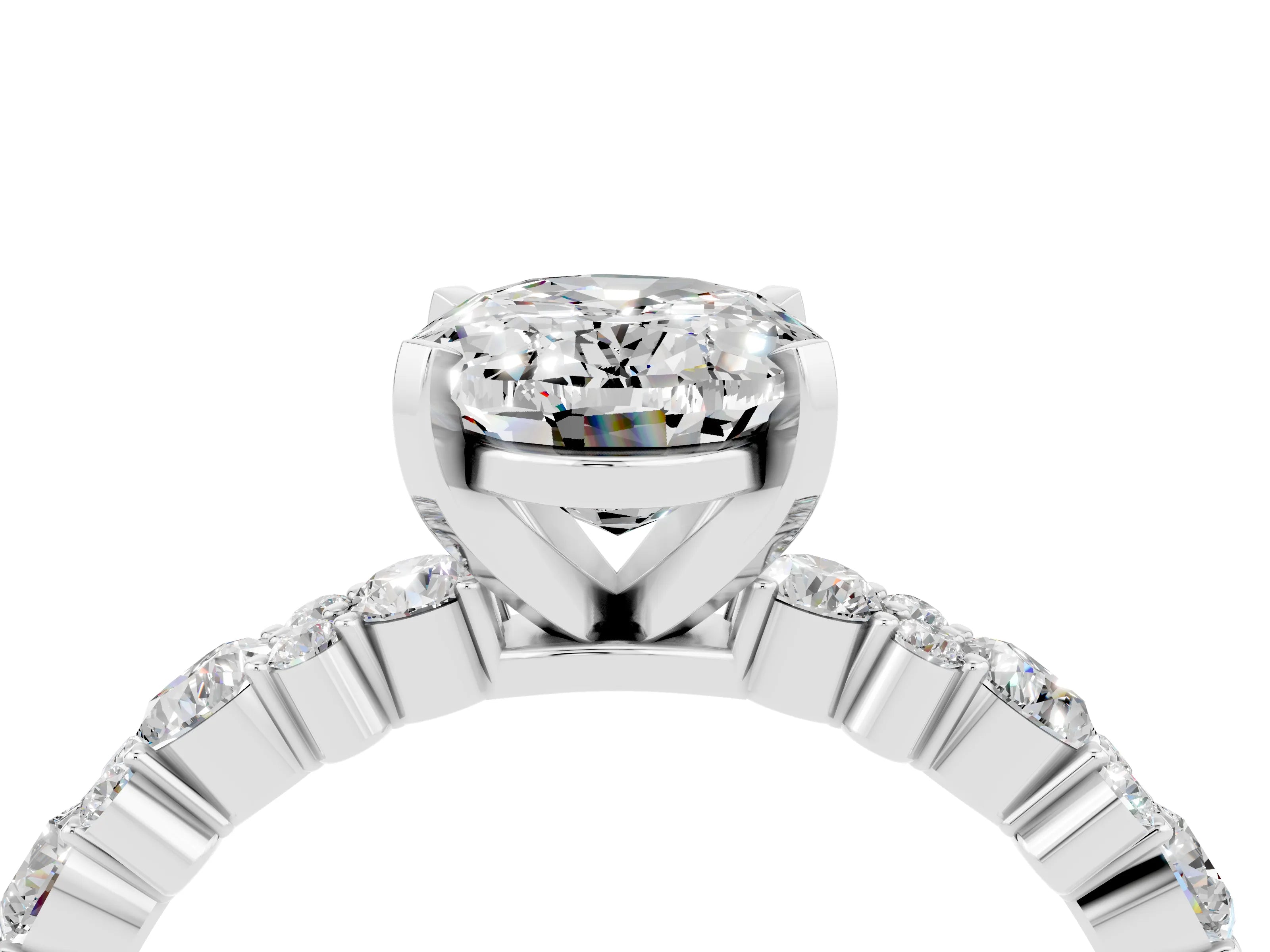 White gold Oval Cut Moissanite Side Stone Solitaire Ring with Round  and Four-Prong Setting_70