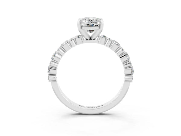 Platinum Oval Cut Moissanite Side Stone Solitaire Ring with Round  and Four-Prong Setting