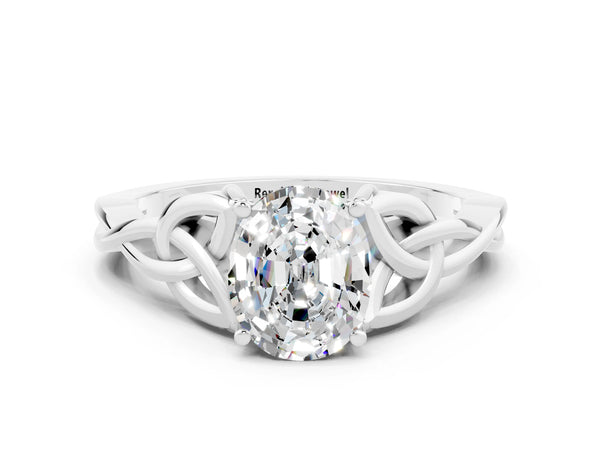 Platinum Oval Cut Moissanite Solitaire Celtic Knot Ring with Four-Prong Setting