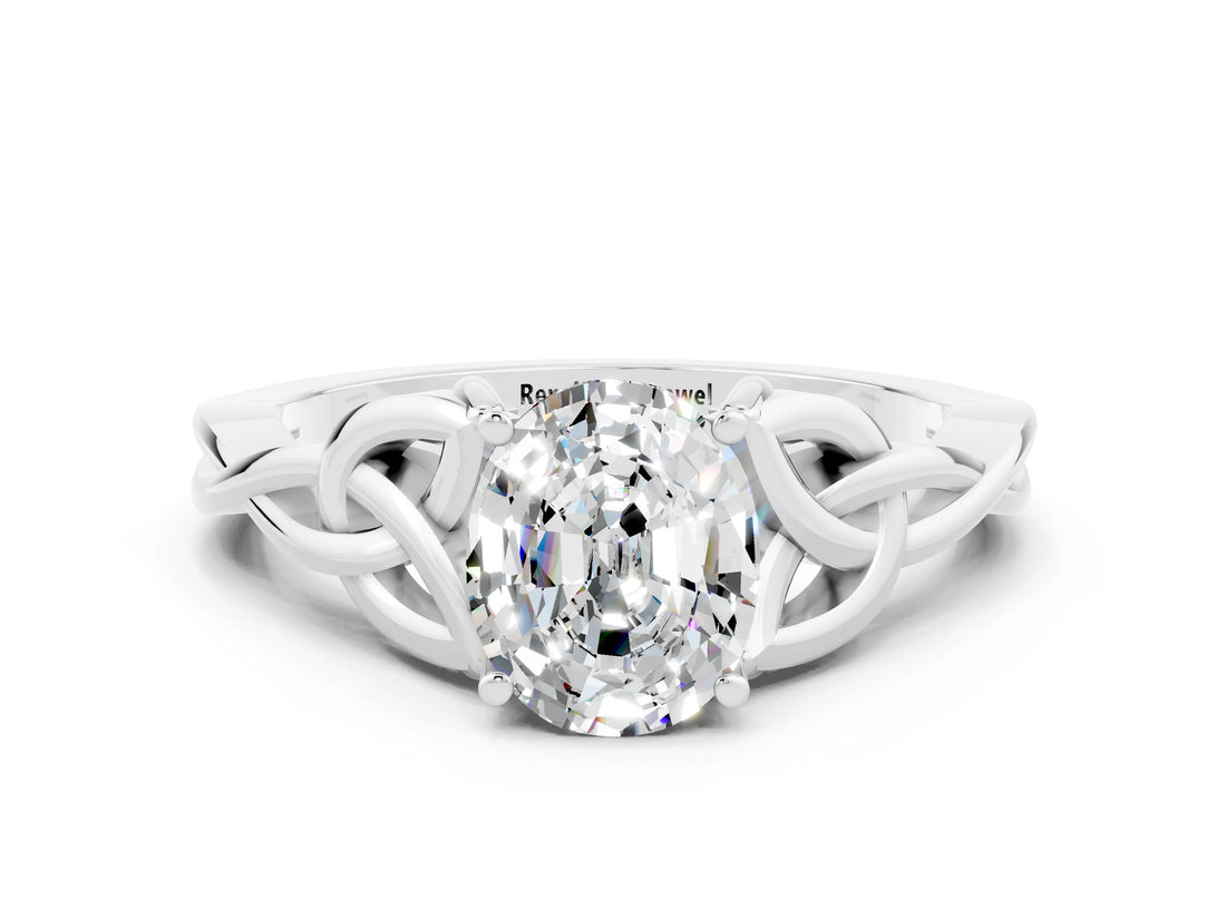 White gold Oval Cut Moissanite Solitaire Celtic Knot Ring with Four-Prong Setting_12