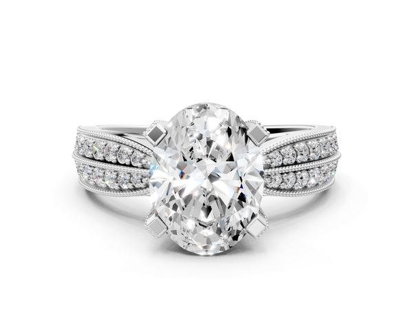 Platinum Oval Cut Moissanite   Solitaire Diamond Ring with Milgrain Pavé Band and Four-Prong Setting