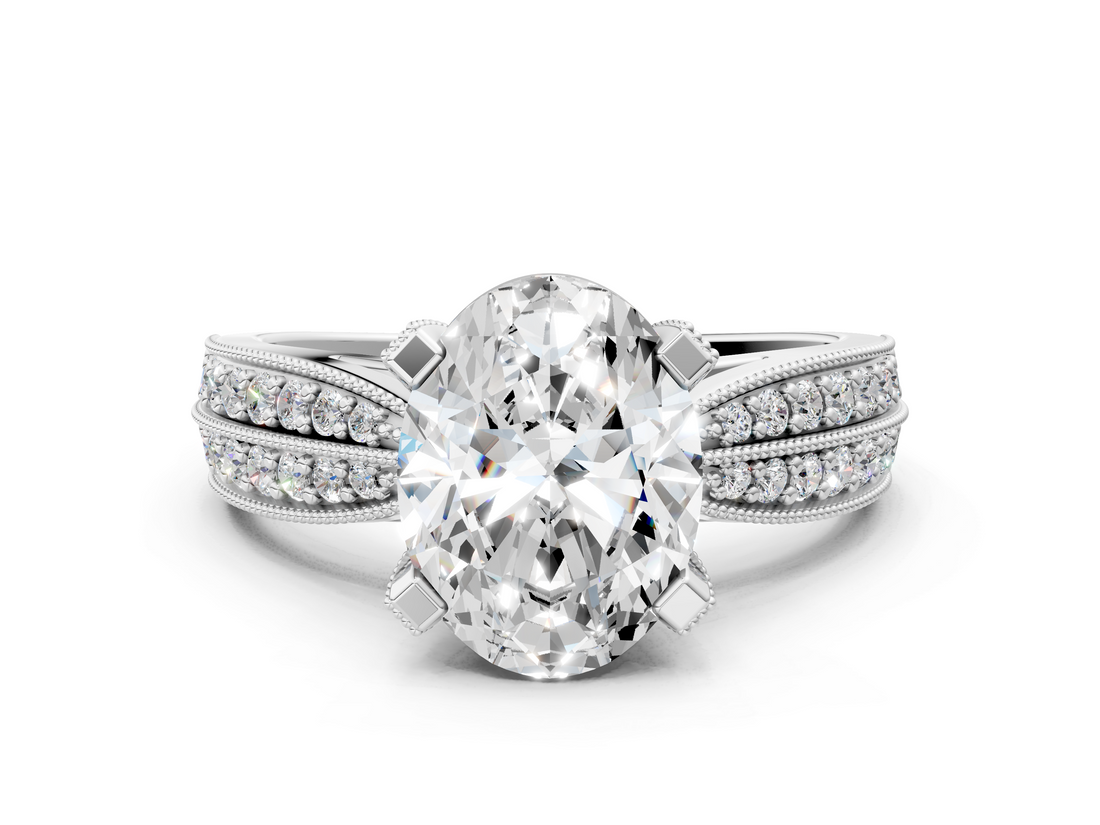 White gold Oval Cut Moissanite   Solitaire Diamond Ring with Milgrain Pavé Band and Four-Prong Setting_33