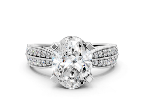 White gold Oval Cut Moissanite   Solitaire Diamond Ring with Milgrain Pavé Band and Four-Prong Setting_33