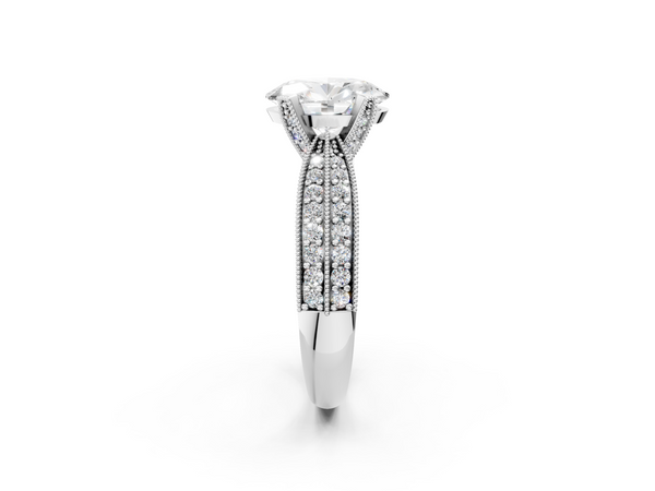 Silver Oval Cut Moissanite   Solitaire Diamond Ring with Milgrain Pavé Band and Four-Prong Setting