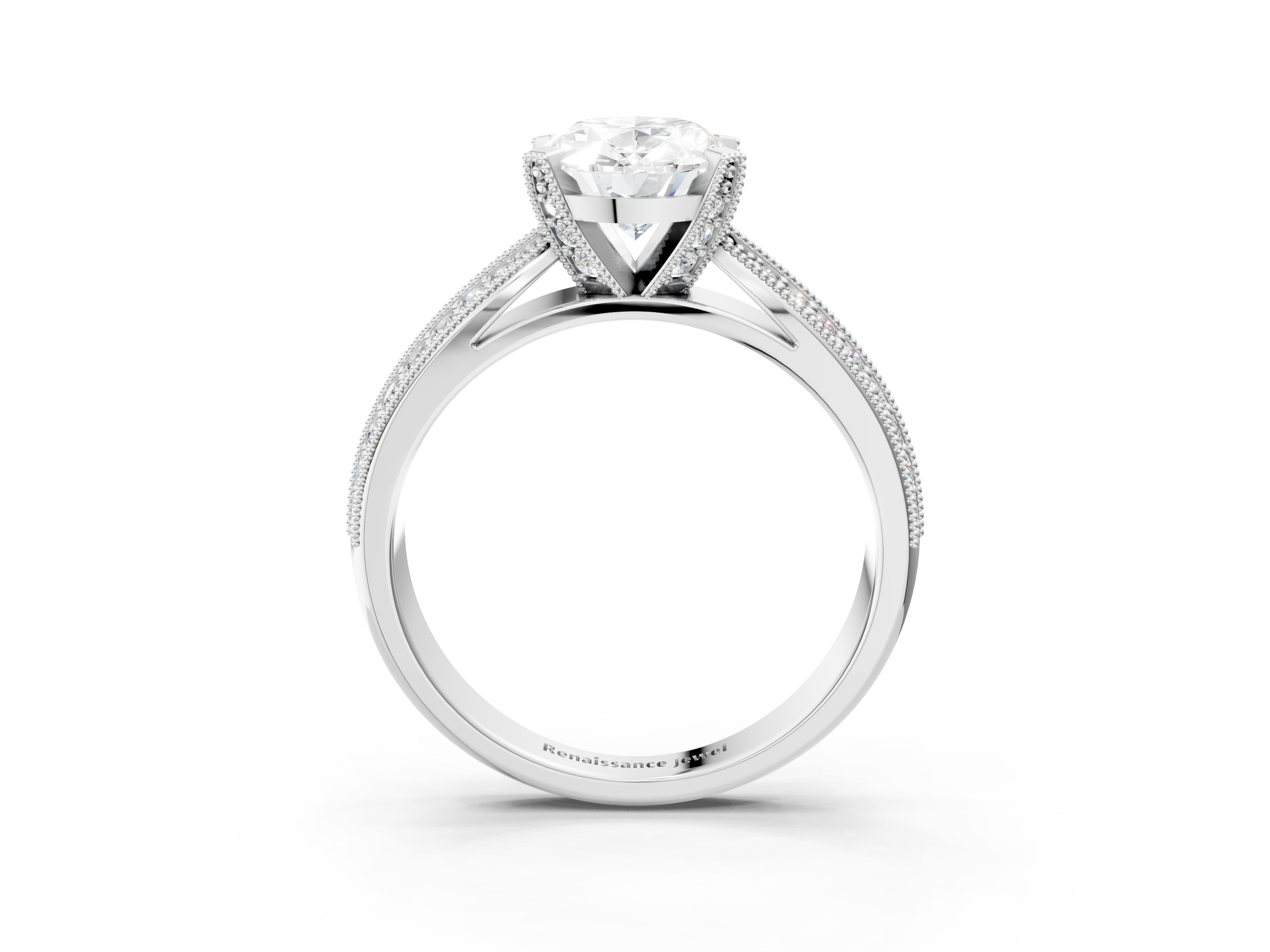 White gold Oval Cut Moissanite   Solitaire Diamond Ring with Milgrain Pavé Band and Four-Prong Setting_36