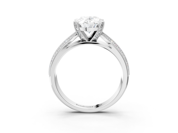 Silver Oval Cut Moissanite   Solitaire Diamond Ring with Milgrain Pavé Band and Four-Prong Setting