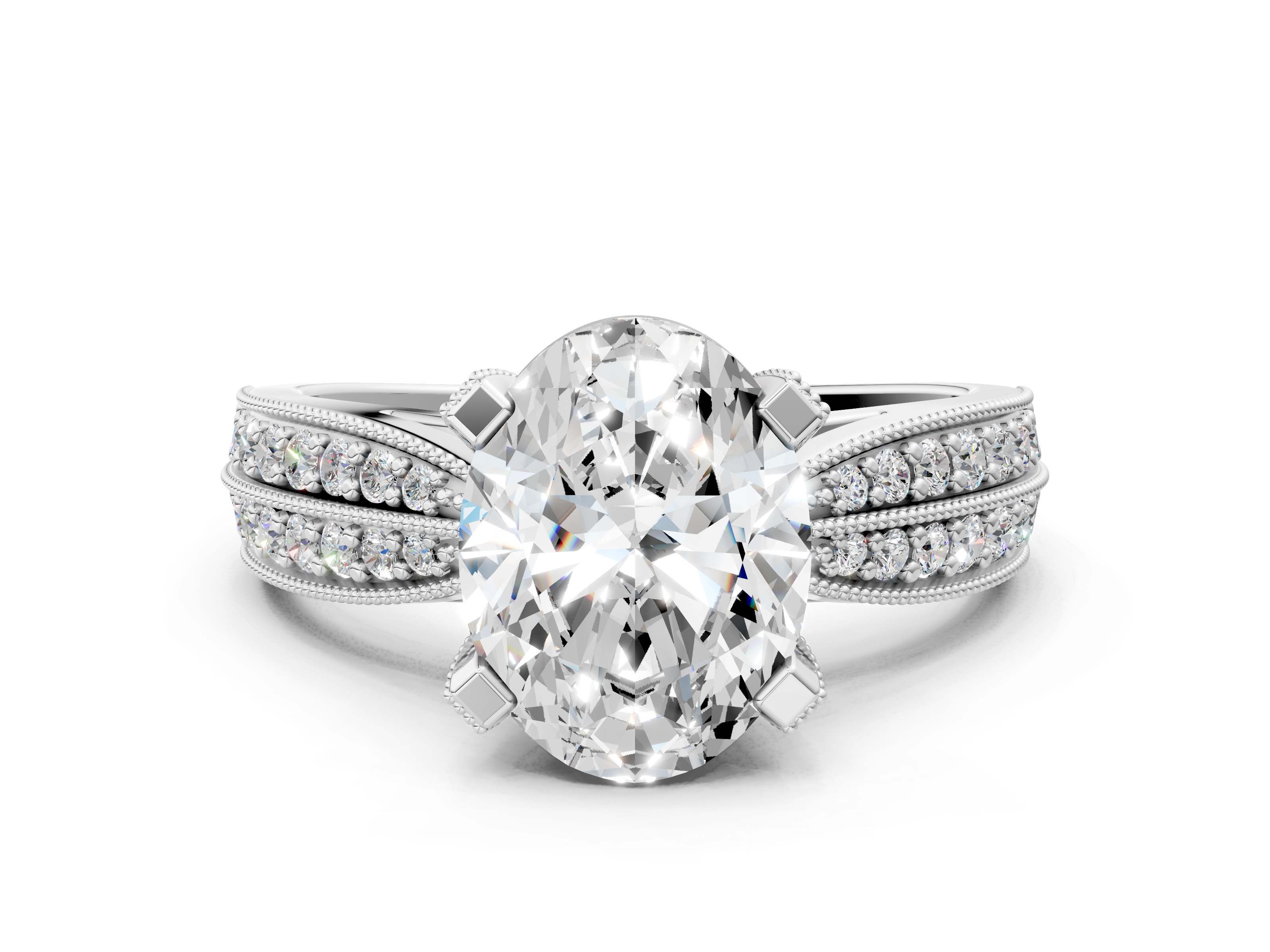 White gold Oval Cut Moissanite   Solitaire Diamond Ring with Milgrain Pavé Band and Four-Prong Setting_44