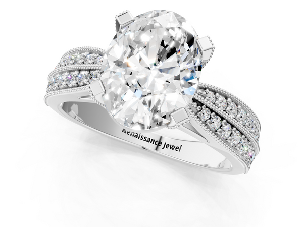 White gold Oval Cut Moissanite   Solitaire Diamond Ring with Milgrain Pavé Band and Four-Prong Setting