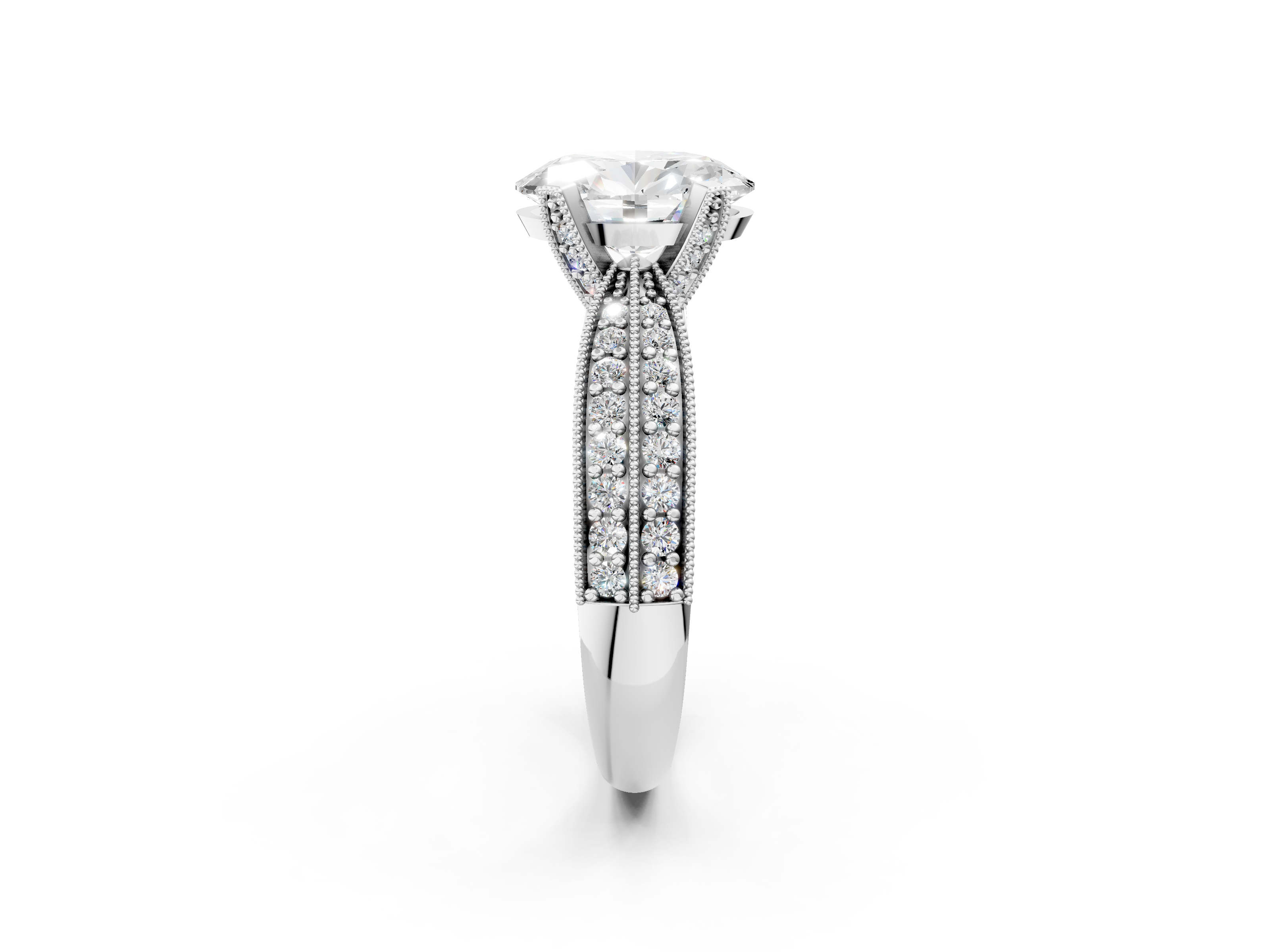 White gold Oval Cut Moissanite   Solitaire Diamond Ring with Milgrain Pavé Band and Four-Prong Setting_46
