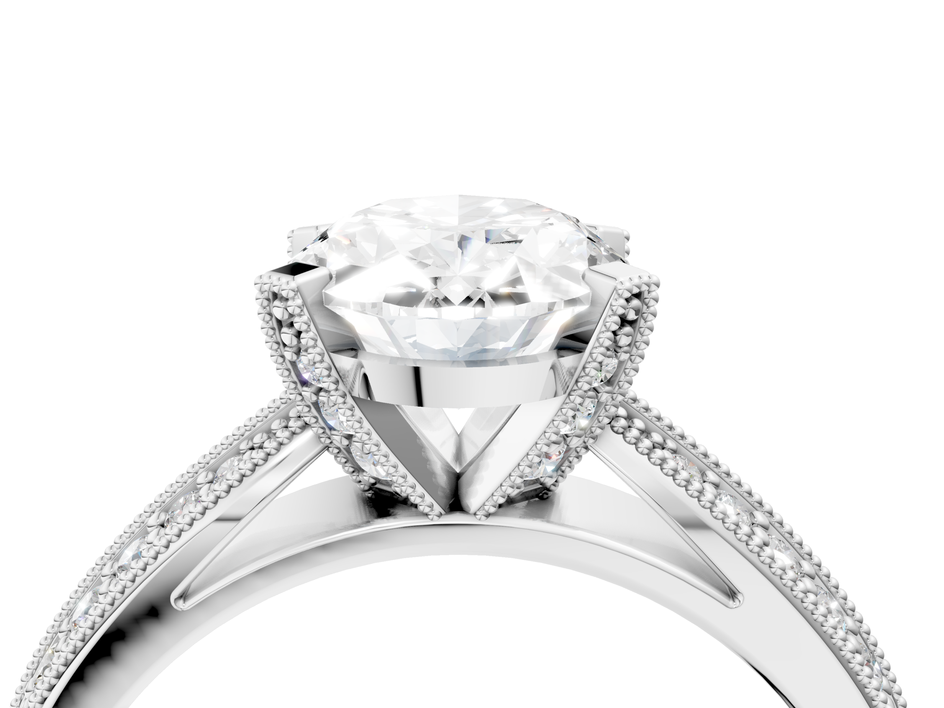 White gold Oval Cut Moissanite   Solitaire Diamond Ring with Milgrain Pavé Band and Four-Prong Setting_48