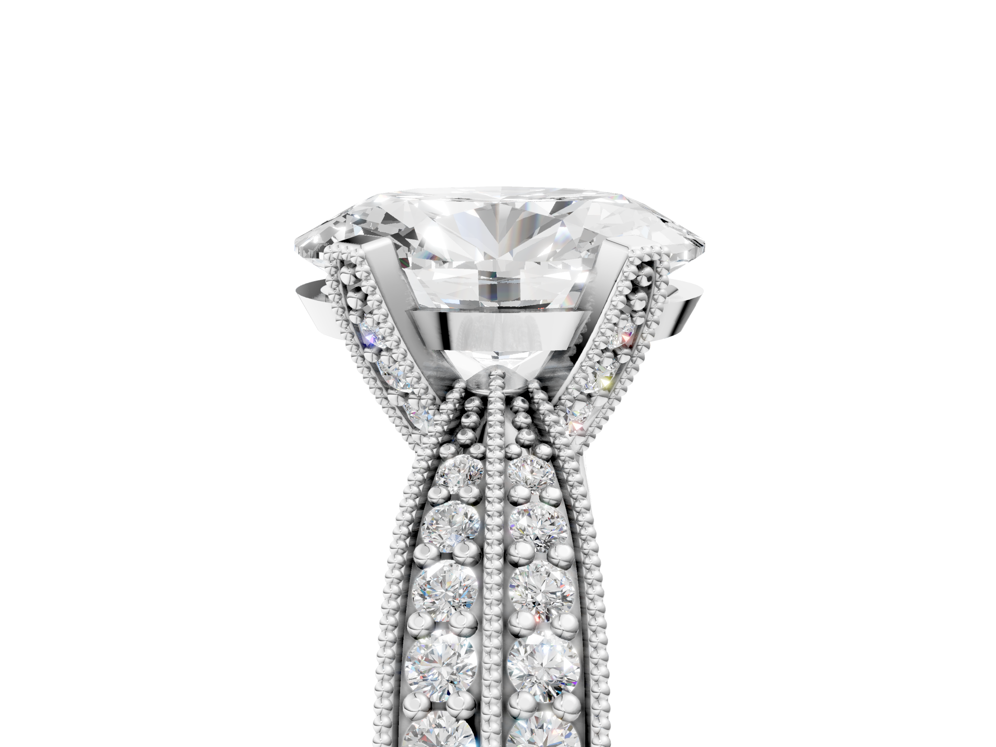 White gold Oval Cut Moissanite   Solitaire Diamond Ring with Milgrain Pavé Band and Four-Prong Setting_49