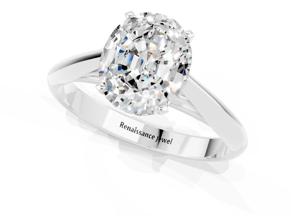 Silver Oval Cut Moissanite Solitaire Engagement Ring with Cathedral Setting and Four-Prong Mount