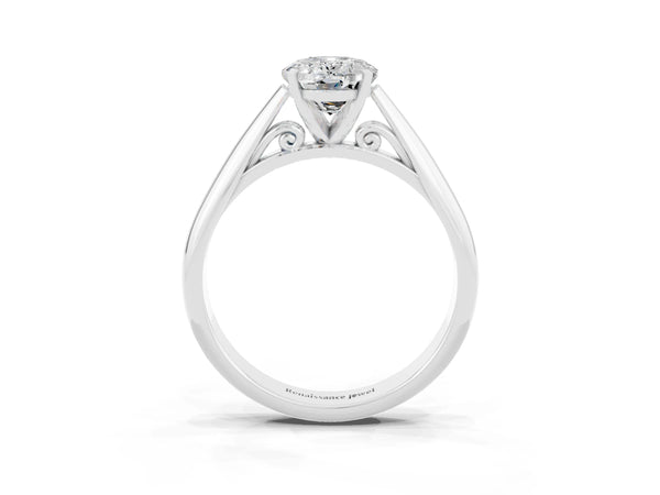 Platinum Oval Cut Moissanite Solitaire Engagement Ring with Cathedral Setting and Four-Prong Mount