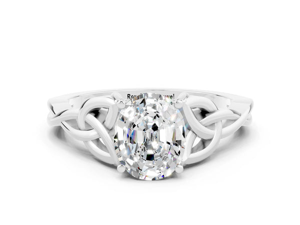 Platinum Oval Cut Moissanite Solitaire Engagement Ring with Celtic Knot Band and Four-Prong Setting