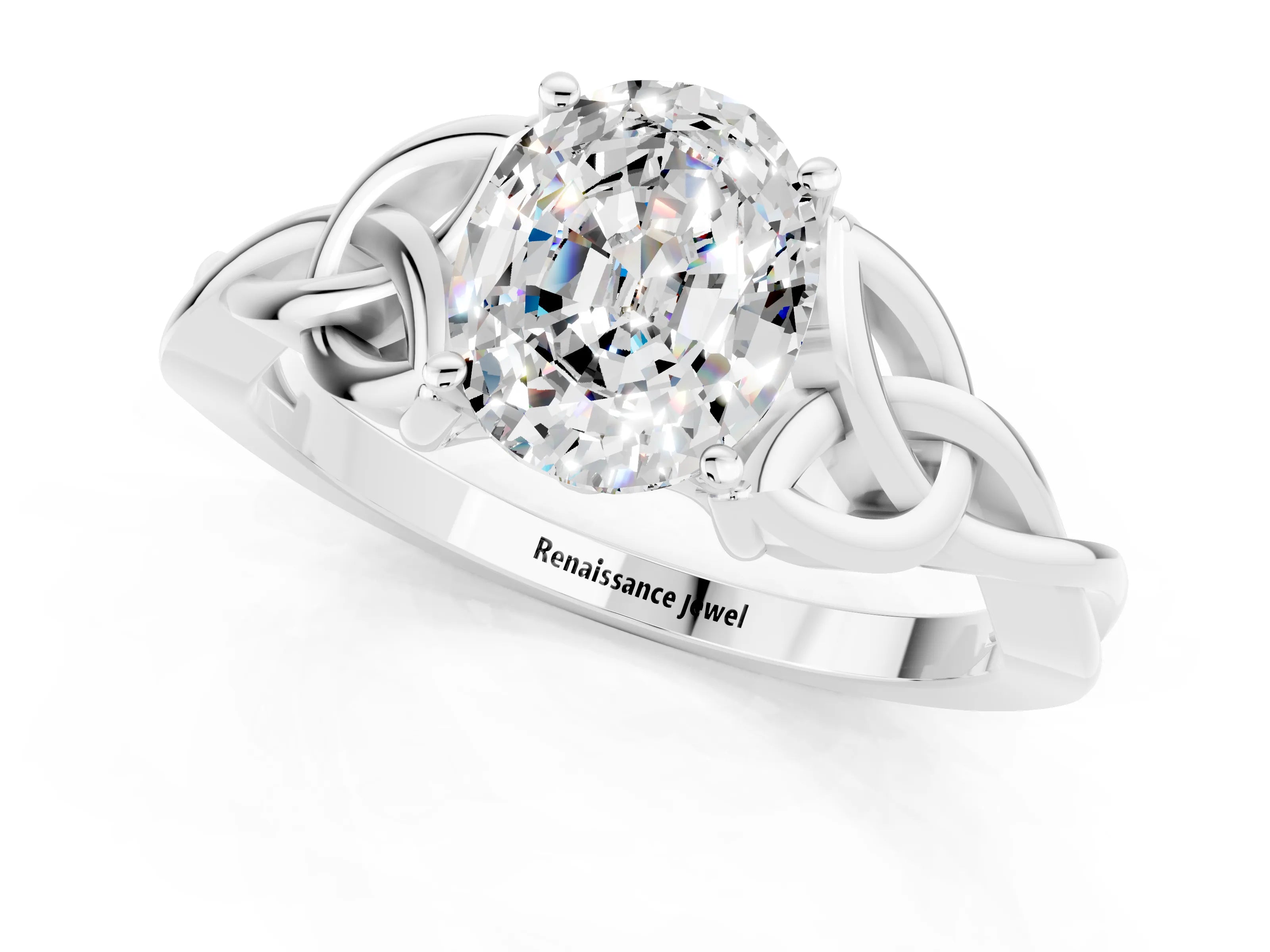 White gold Oval Cut Moissanite Solitaire Engagement Ring with Celtic Knot Band and Four-Prong Setting_1