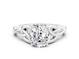 White gold Oval Cut Moissanite Solitaire Engagement Ring with Celtic Knot Band and Four-Prong Setting