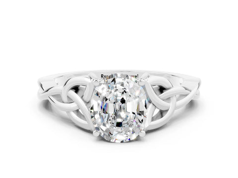 White gold Oval Cut Moissanite Solitaire Engagement Ring with Celtic Knot Band and Four-Prong Setting
