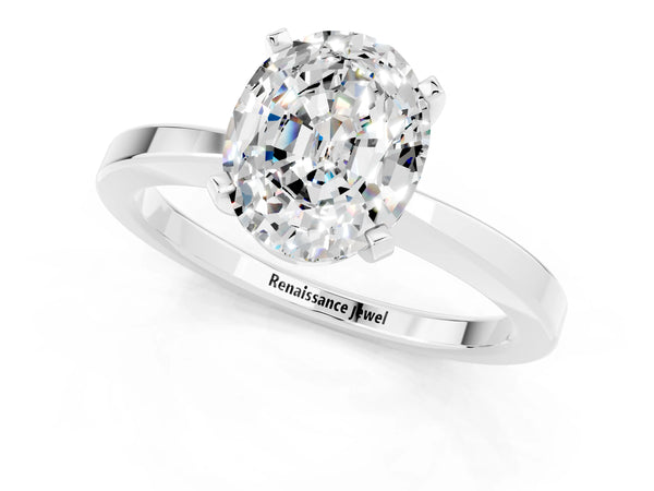 White gold Oval Cut Moissanite Solitaire Engagement Ring with Classic Band and Four-Prong Setting