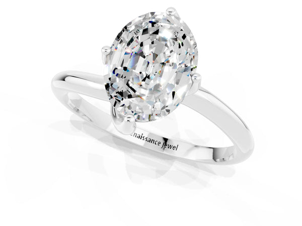 Silver Oval Cut Moissanite Solitaire Engagement Ring with Four-Prong Setting and Classic Band