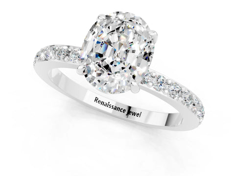 White gold Oval Cut Moissanite Solitaire Engagement Ring with Pavé Band and Four-Prong Setting_1